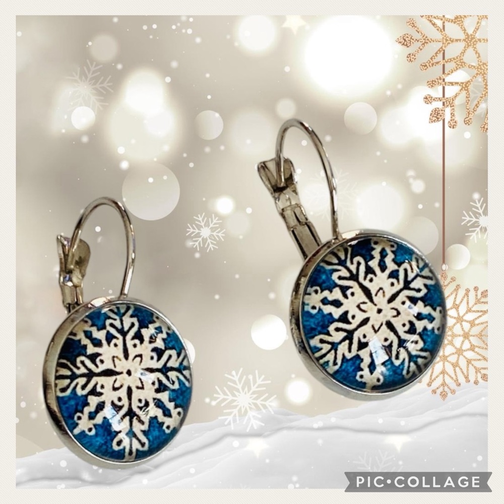 NEW Blue & White Stunning Round Snowflake Earrings